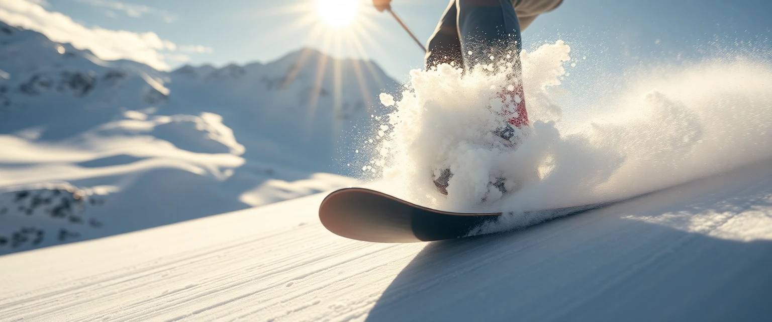 Ein Skifahrer carvt eine Piste in den Schweizer Alpen hinunter, mit Fokus auf den Skischuh.