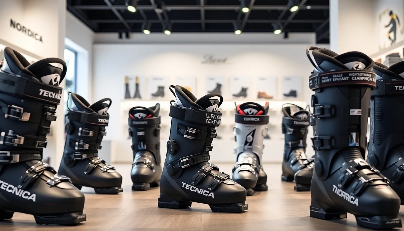 Auswahl an hochwertigen Skischuhen der Marken Tecnica und Nordica.
