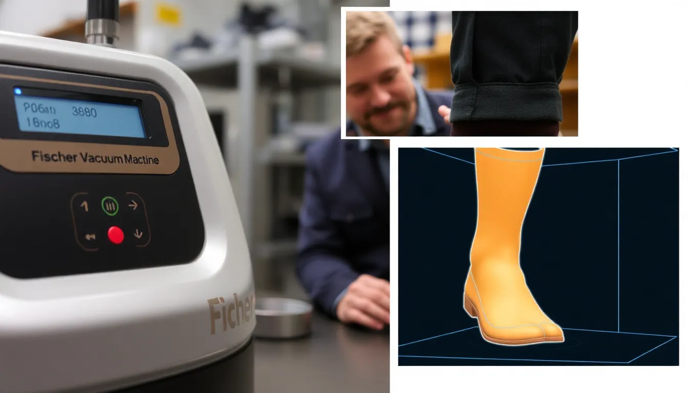 Bootfitter erklärt Fischer Vacuum Maschine und scannt Fuss
