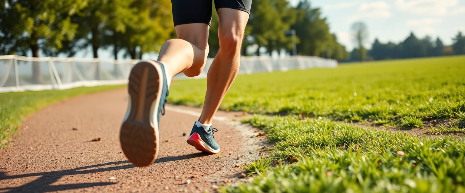 Läufer in Sportschuhen auf einem Bergpfad bei Sonnenaufgang.