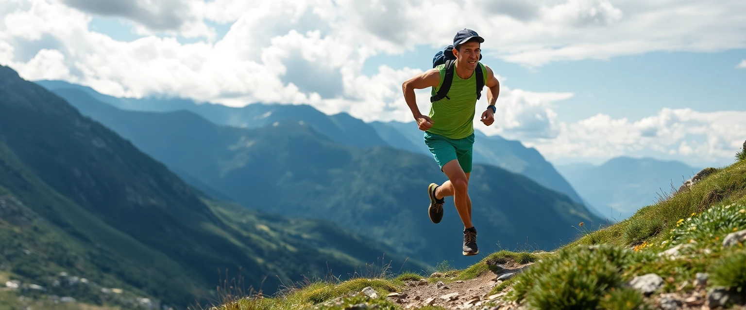 Läufer mit Sportschuhen auf einem Bergpfad bei Sonnenaufgang, Symbol für schmerzfreie Bewegung mit den richtigen Schuheinlagen.