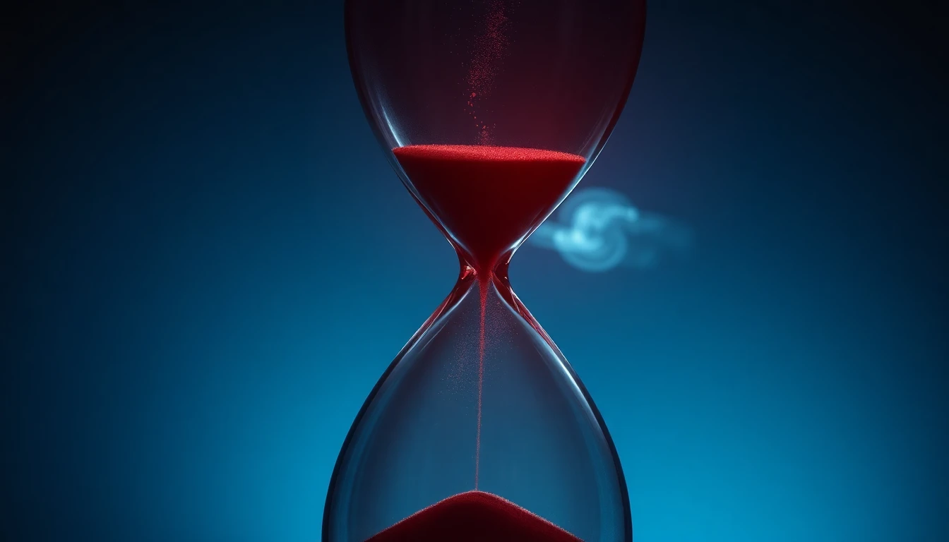 Eine Sanduhr, die über einem Kniegelenk abläuft, als Symbol für die Dringlichkeit, bei Fussproblemen zu handeln.