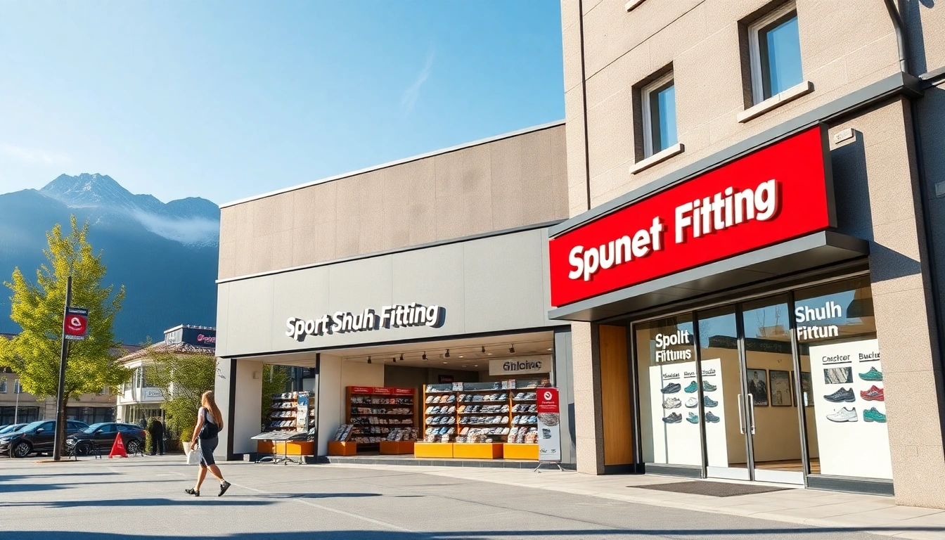 Das Geschäft von Sport Schuh Fitting in Buochs vor Bergkulisse.