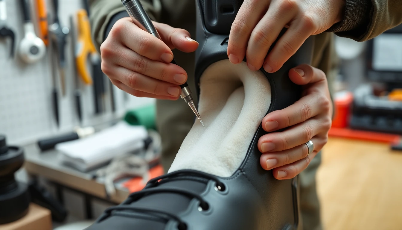 Ein Orthopädie-Techniker schäumt präzise einen Skischuh-Innenschuh aus.
