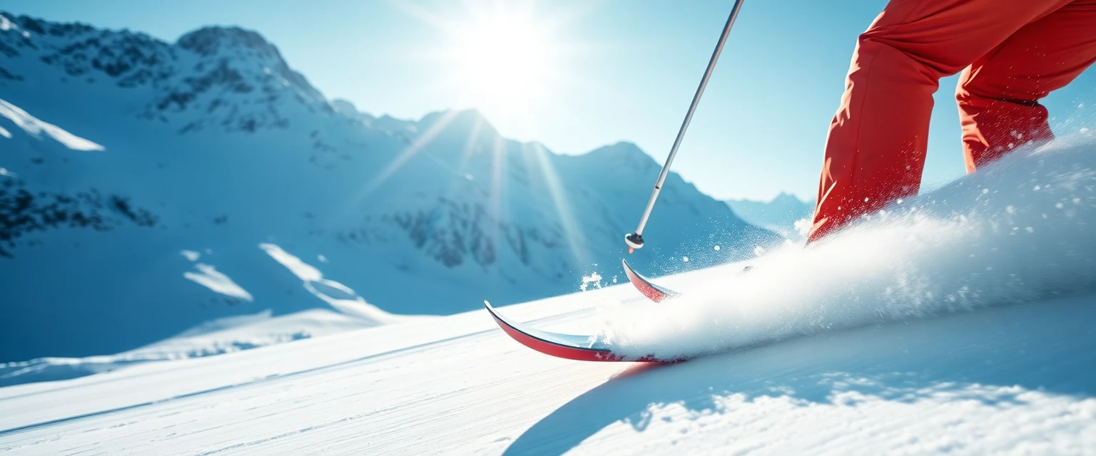 Ein Skifahrer carvt dynamisch eine sonnige Piste in den Schweizer Alpen hinunter, der Fokus liegt auf den Skischuhen.