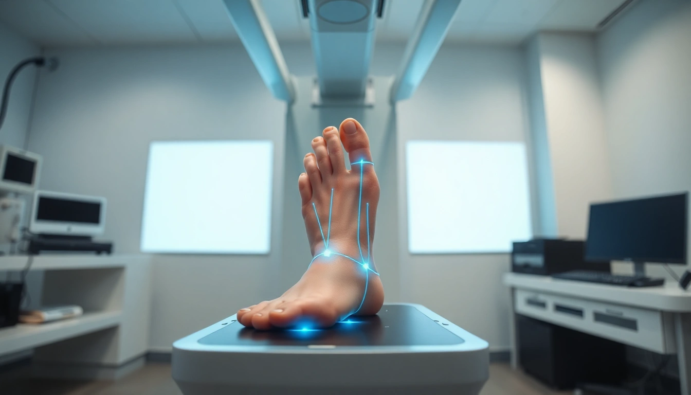 Ein Fuss wird in einem modernen Labor mit einem 3D-Fussscanner analysiert.
