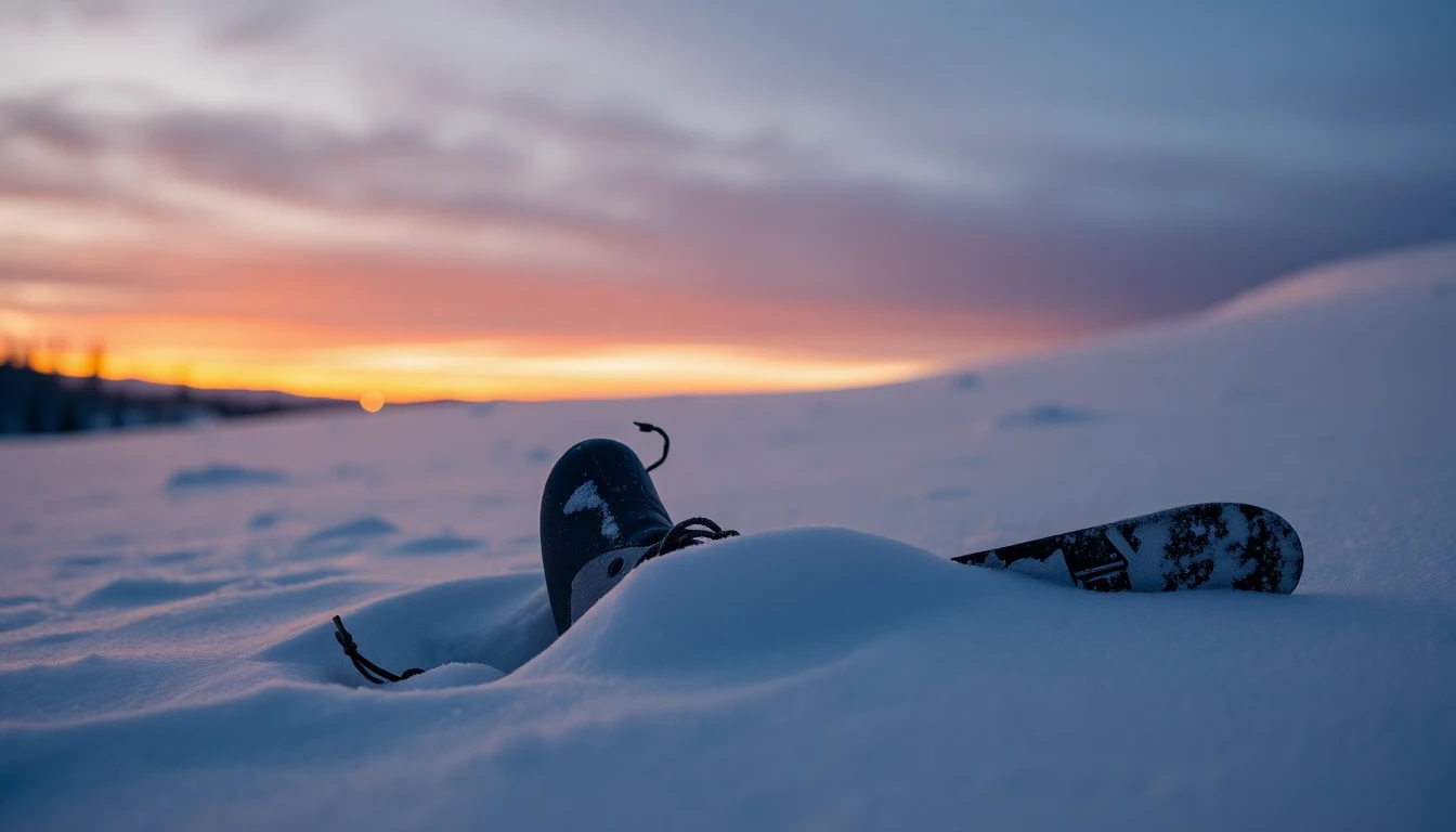 Ein einzelner, verlassener Skischuh im Schnee bei Dämmerung, der einen ruinierten Skitag symbolisiert.