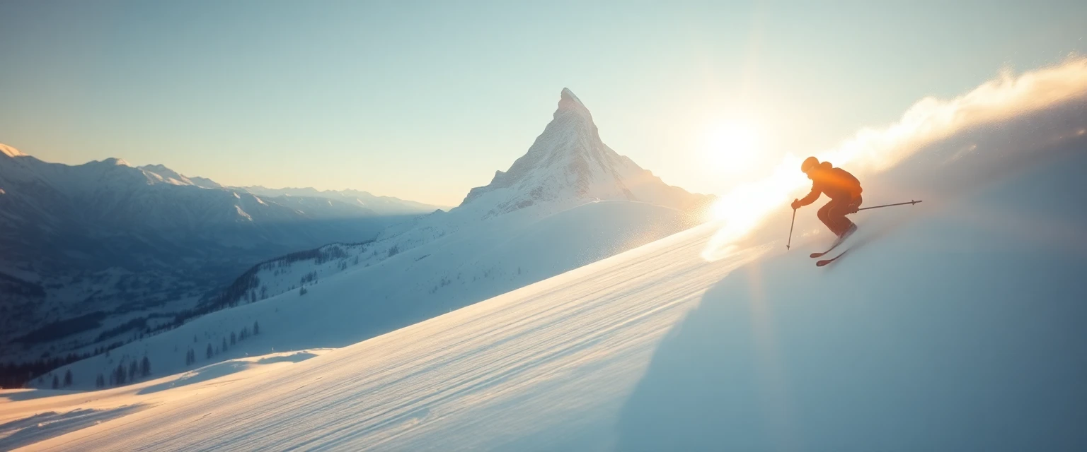 Ein Skifahrer carvt eine sonnige Piste in den Schweizer Alpen hinunter.