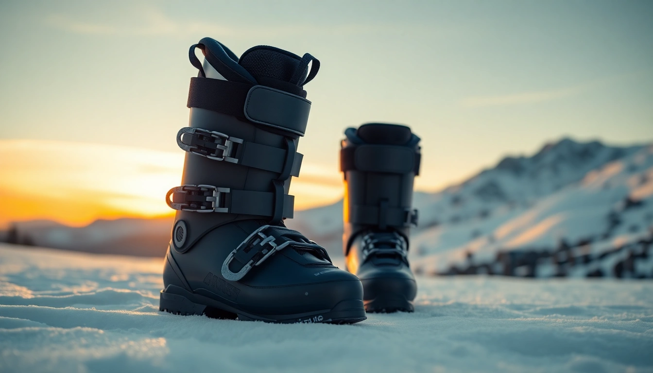 Ein Paar perfekt angepasste Skischuhe im Schnee bei Sonnenuntergang.