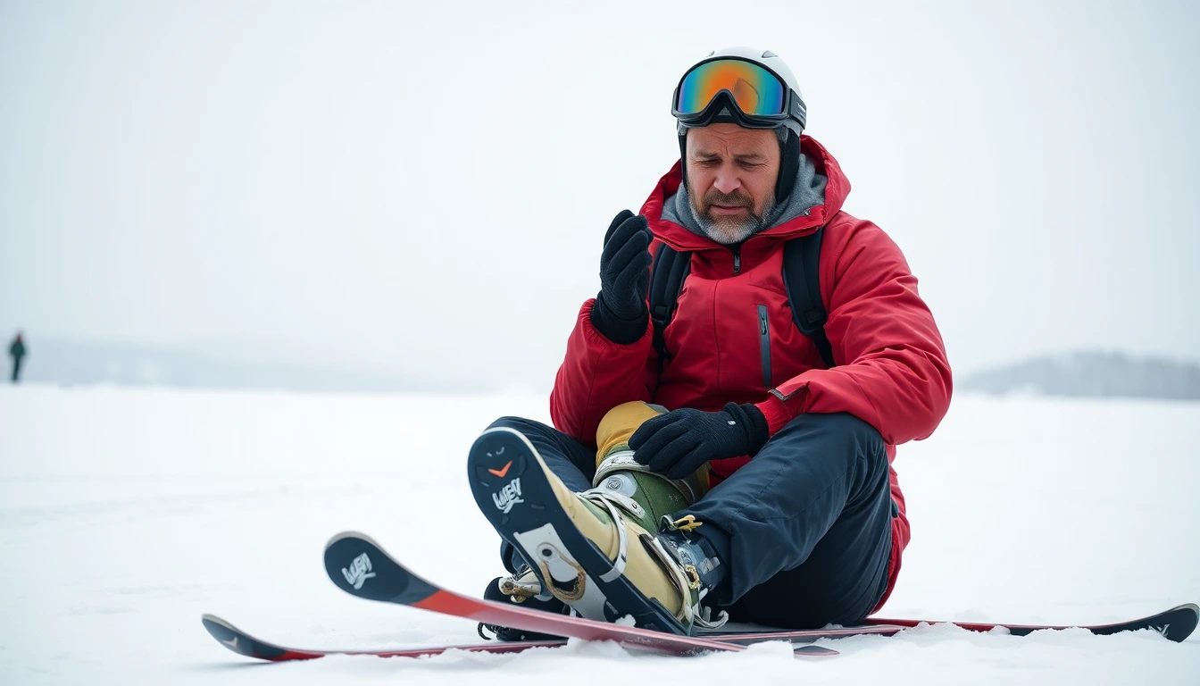 Ein frustrierter Skifahrer sitzt im Schnee und hält seinen schmerzenden Fuss.
