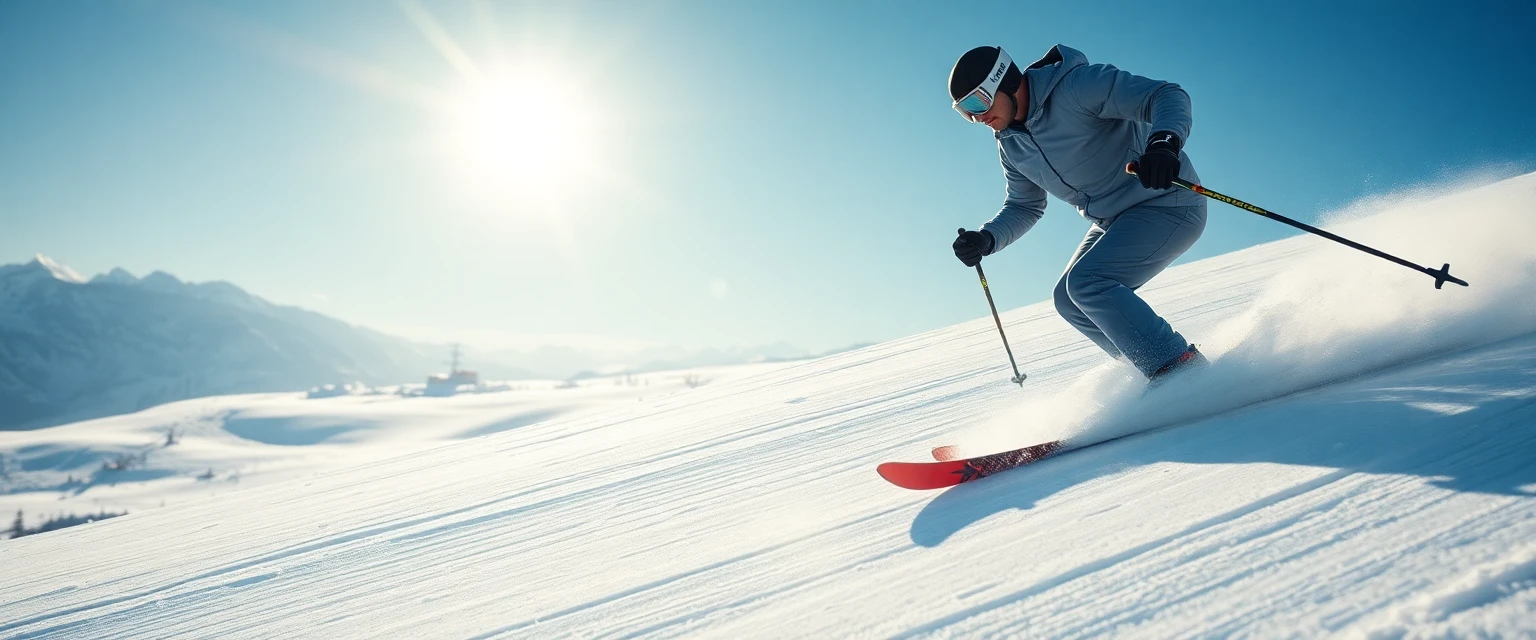 Ein Skifahrer carvt eine Piste in den Schweizer Alpen hinunter, der Fokus liegt auf den perfekt sitzenden Skischuhen.