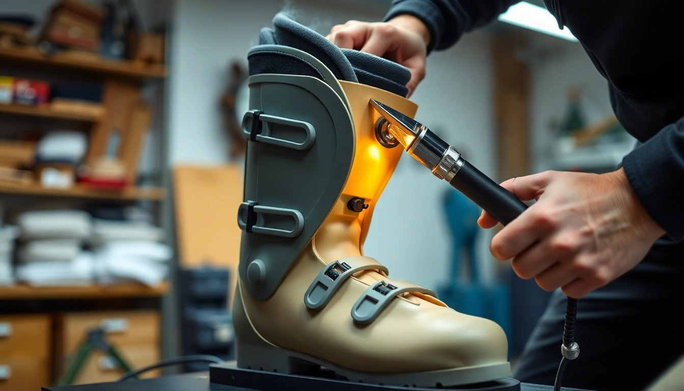 Bootfitting-Experte bei der thermischen Anpassung einer Skischuh-Schale in der Werkstatt.