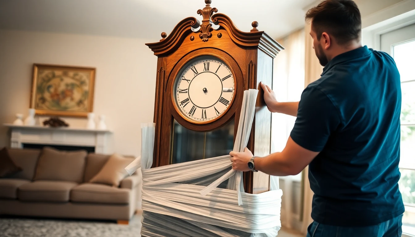 Ein Zügelprofi verpackt sorgfältig eine antike Standuhr.