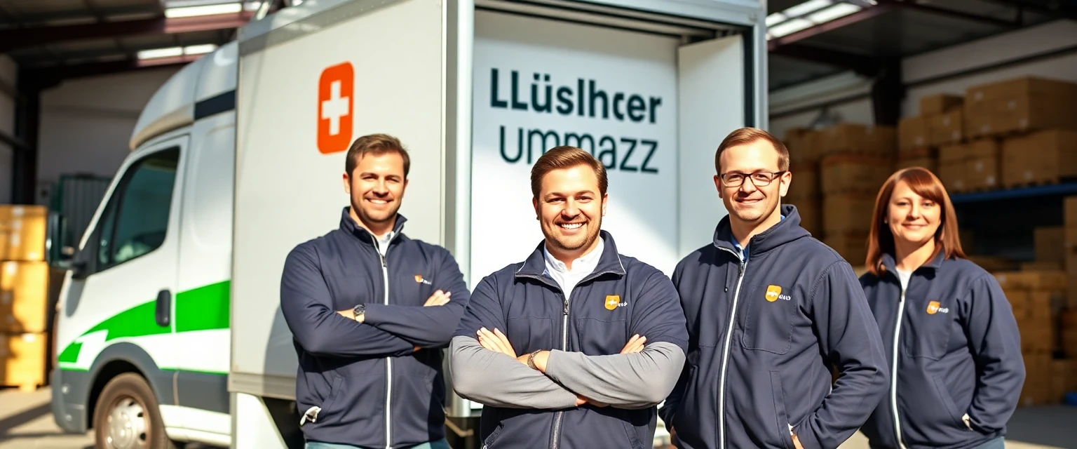 Das professionelle Team von Lüscher Umzug vor einem Zügelwagen und einem Möbellager.