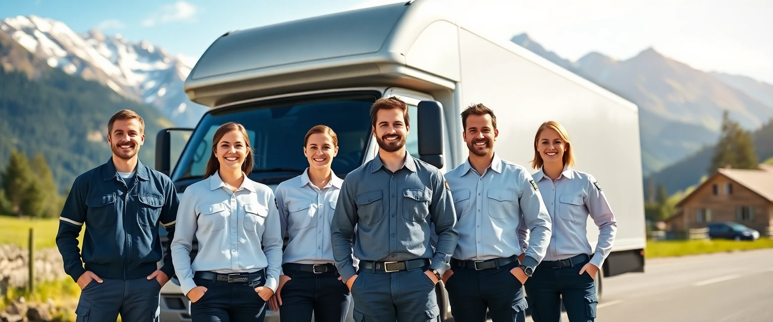 Freundliches Team der Umzugsfirma Lüscher vor einem Zügelwagen in der Schweiz