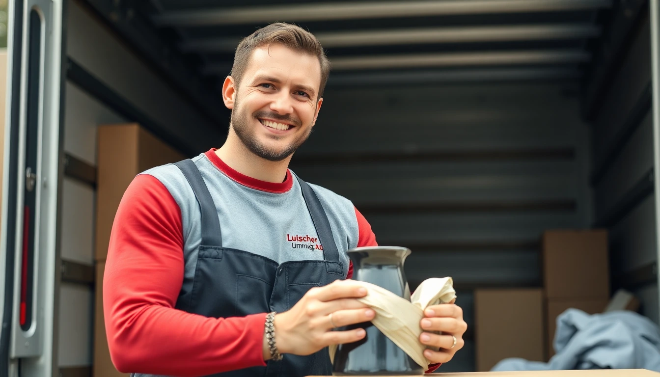 Professioneller Mitarbeiter von Lüscher Umzug verpackt sorgfältig eine Vase