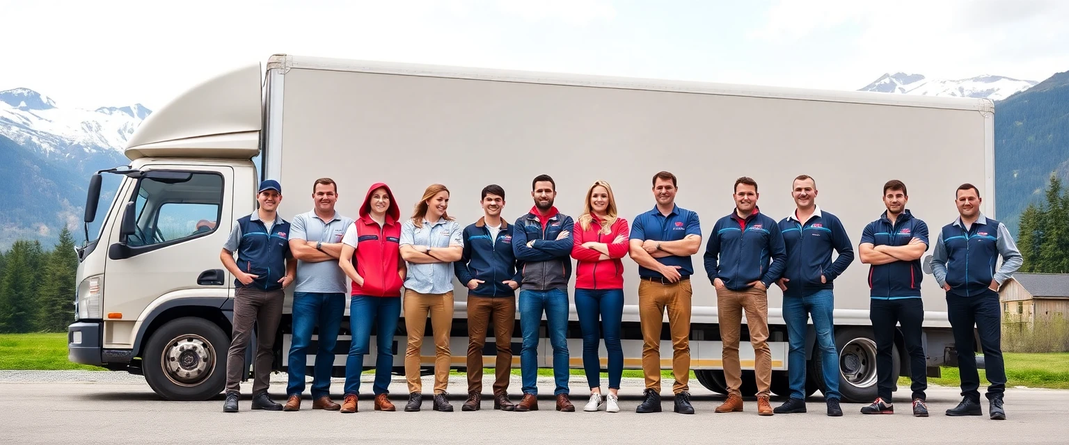 Das professionelle Team der Lüscher Umzug AG vor einem Zügelwagen in der Schweiz.