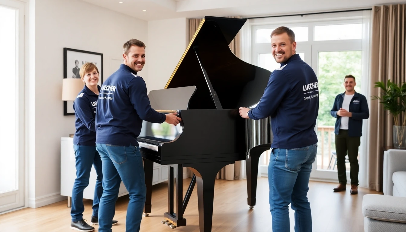 Das Lüscher Umzug Team stellt ein Klavier am neuen Standort auf