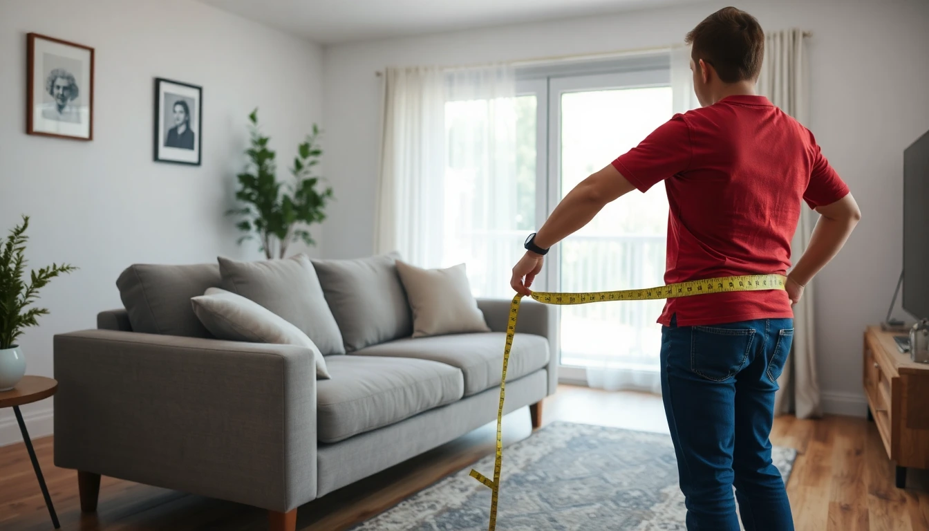 Person plant die Einlagerung von Möbeln und misst ein Sofa aus.