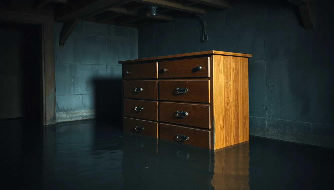 Ein durch Wasser beschädigter Holzschrank in einem feuchten Keller.