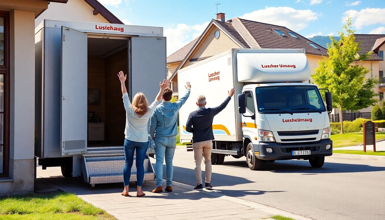 Eine glückliche Familie vor ihrem neuen Zuhause nach dem Umzug mit Lüscher.