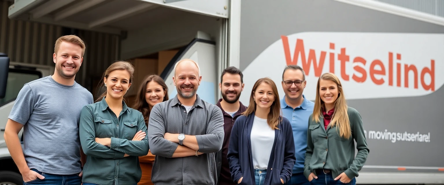 Das professionelle Team der Lüscher Umzug AG vor einem ihrer Zügelfahrzeuge in der Schweiz.