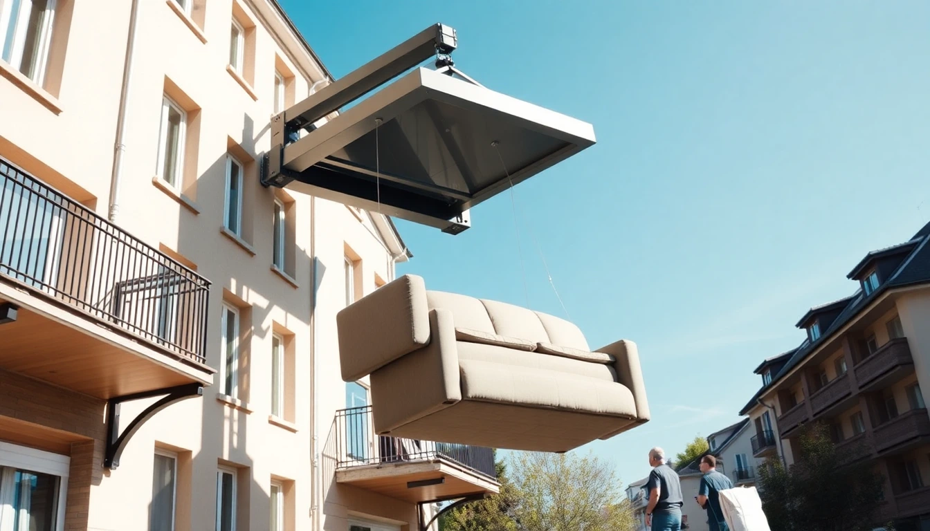 Ein moderner Möbelaufzug hebt ein Sofa auf einen Balkon in einem oberen Stockwerk.