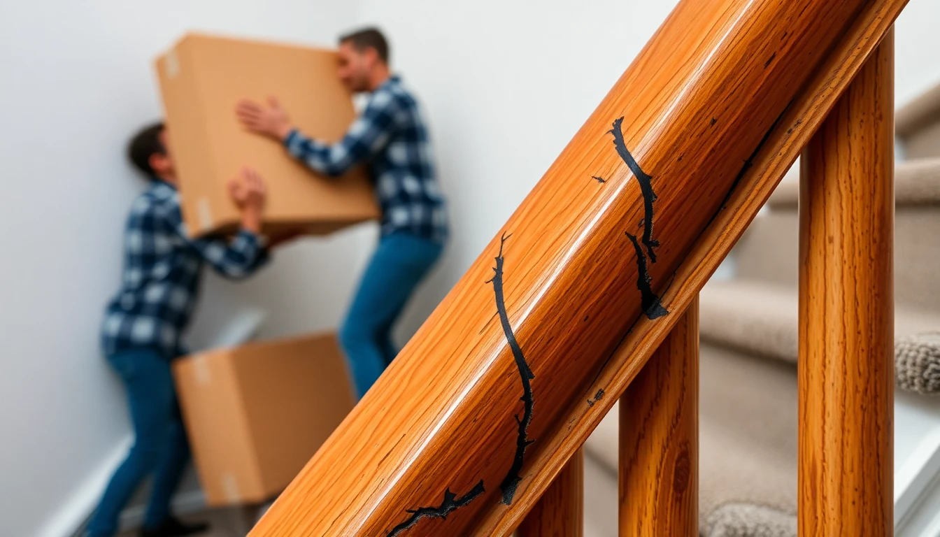 Kratzer an einem Holzgeländer, verursacht durch einen Umzug.