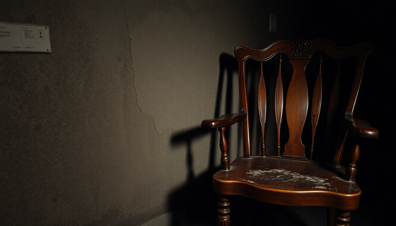 Ein antiker Stuhl in einem feuchten Keller mit Schimmel an der Wand