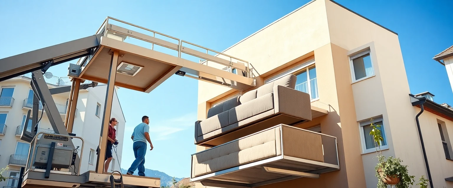 Moderner Möbellift im Einsatz an einer sonnigen Fassade in der Schweiz