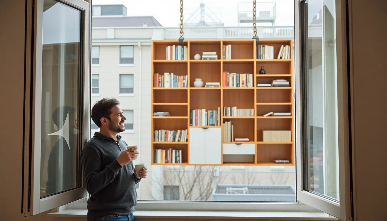 Glückliches Paar beobachtet, wie ihr Bücherregal per Möbellift geliefert wird