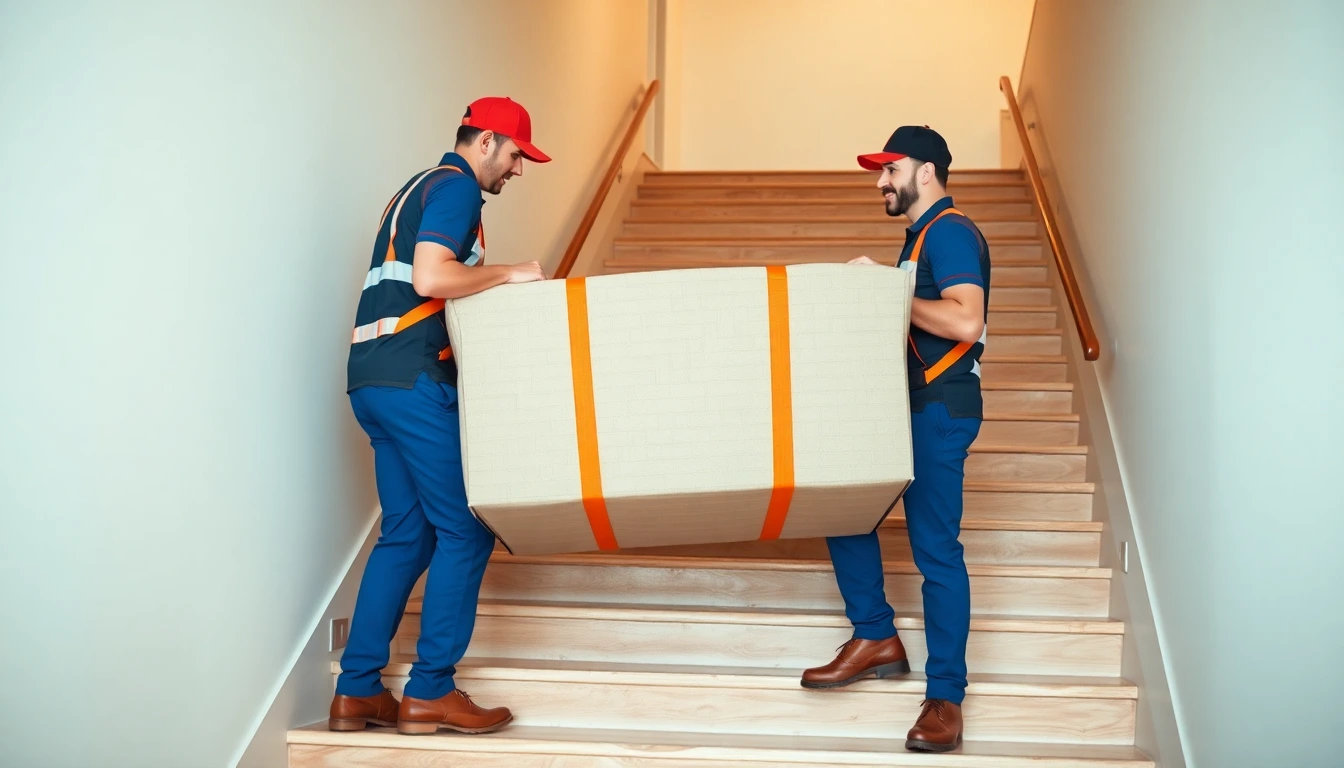 Professionelle Umzugshelfer transportieren ein Sofa sicher