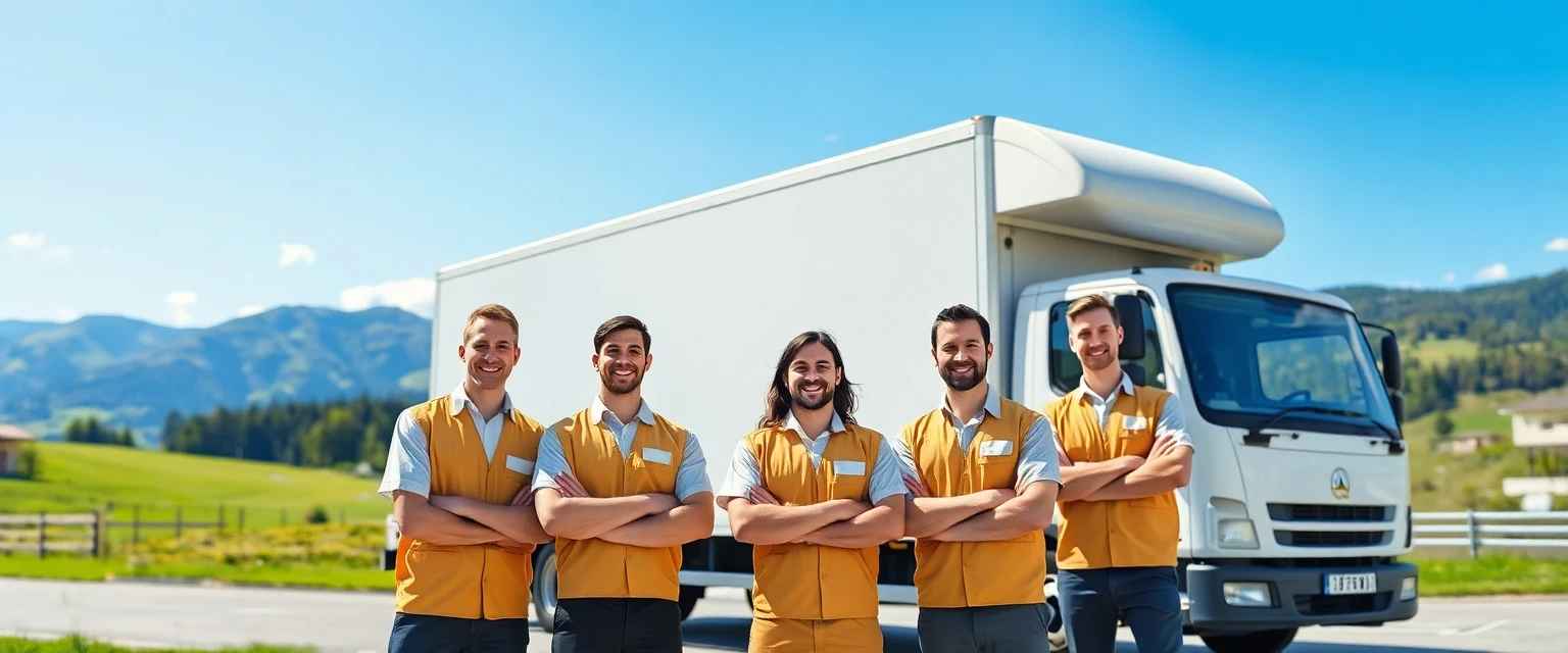 Das freundliche Team der Lüscher Umzug AG vor einem Zügelwagen in der Schweiz