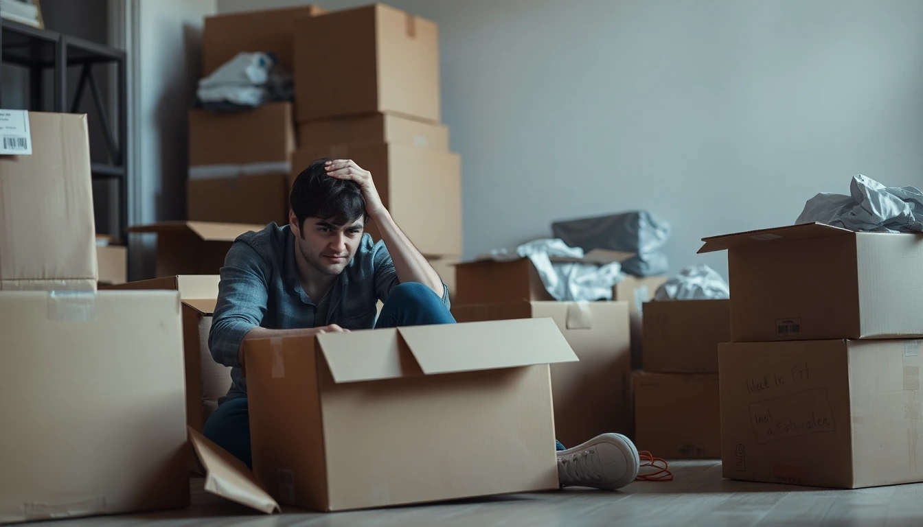 Gestresste Person umgeben von Umzugskartons