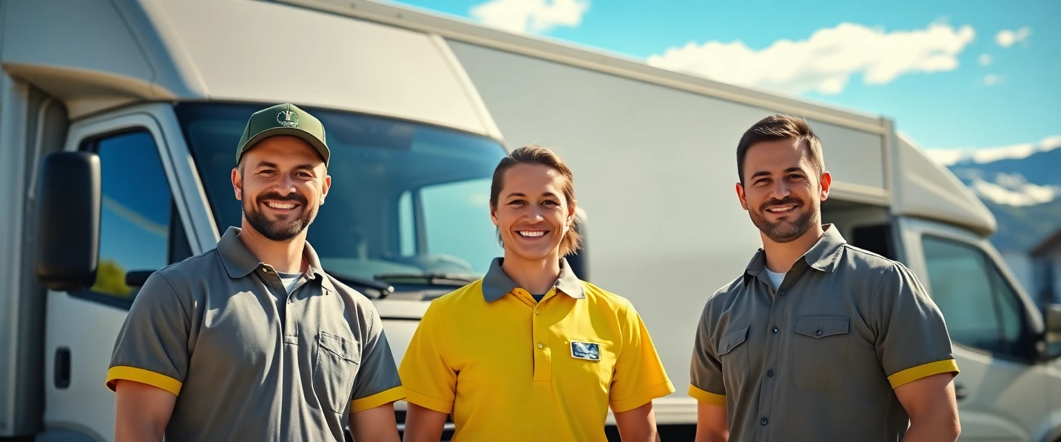 Freundliches Team der Umzugsfirma Lüscher vor einem Zügelwagen in der Schweiz