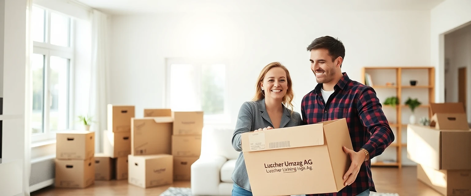 Glückliches Paar beim Auspacken von Umzugskartons in ihrer neuen Wohnung in Opfikon.