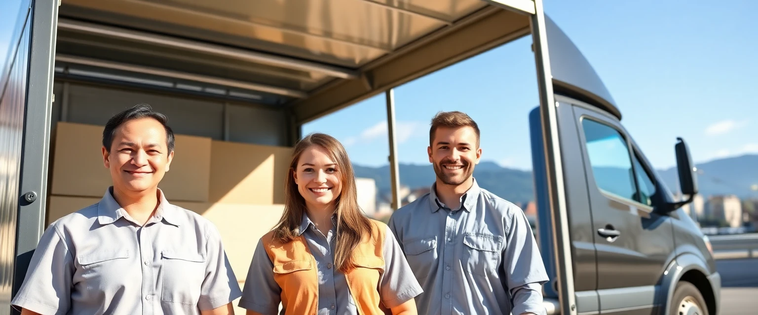Professionelles Umzugsteam der Lüscher Umzug AG vor der Skyline von Zürich