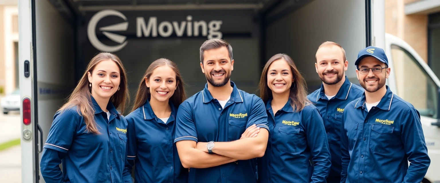 Das professionelle Team der Lüscher Umzug AG vor einem ihrer Zügelwagen.