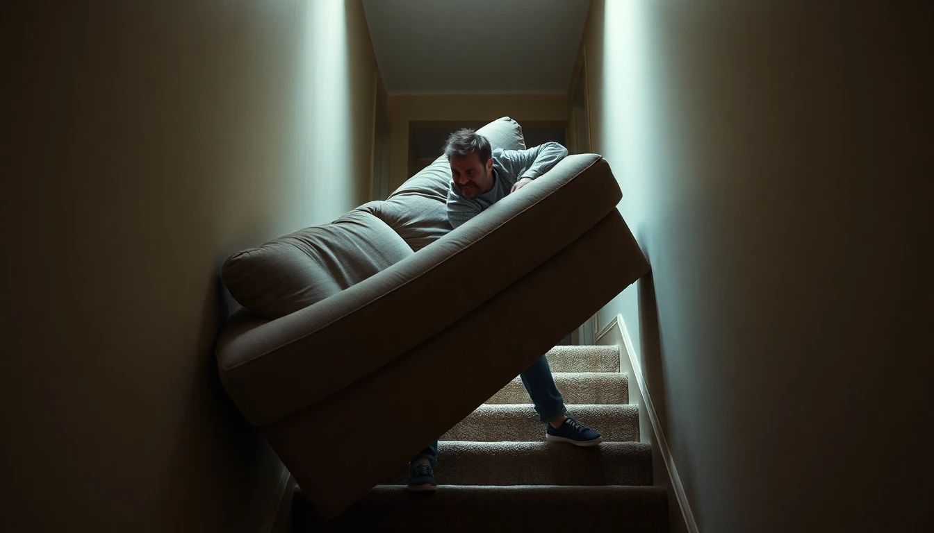 Frustrierter Mann versucht ein Sofa durch ein enges Treppenhaus zu tragen.