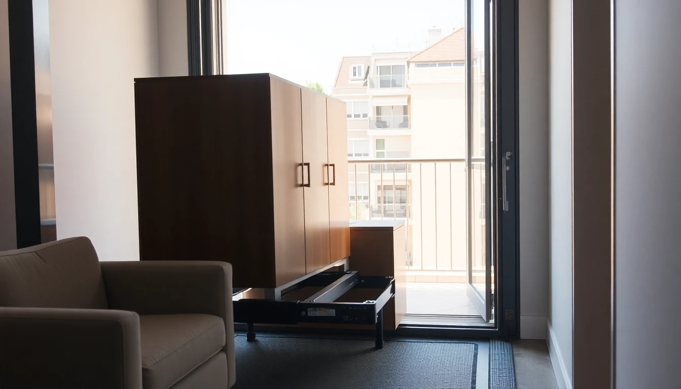 Möbelstück wird mit einem Umzugslift sicher zu einem Balkon transportiert.