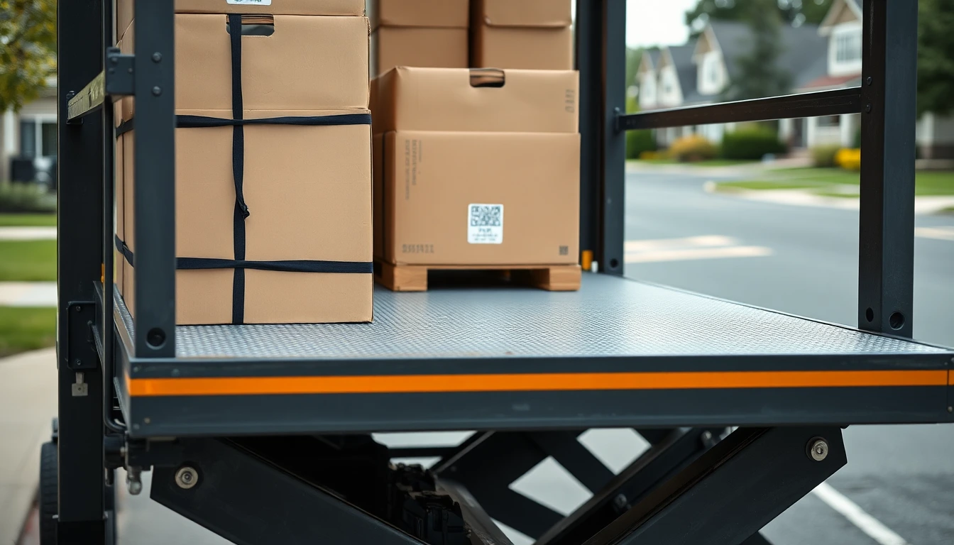 Plattform eines Möbellifts mit sicher verstauten Umzugskartons.