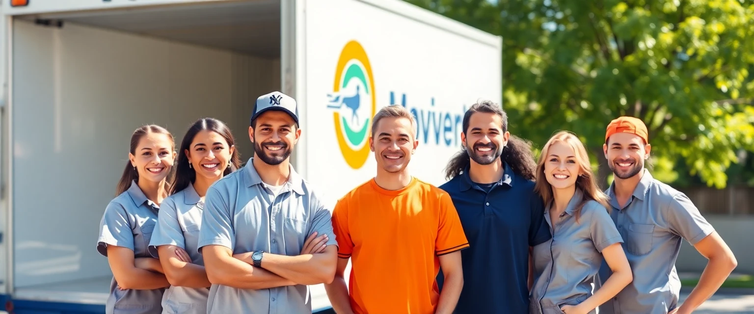 Team der Umzugsfirma Lüscher vor einem Zügelwagen