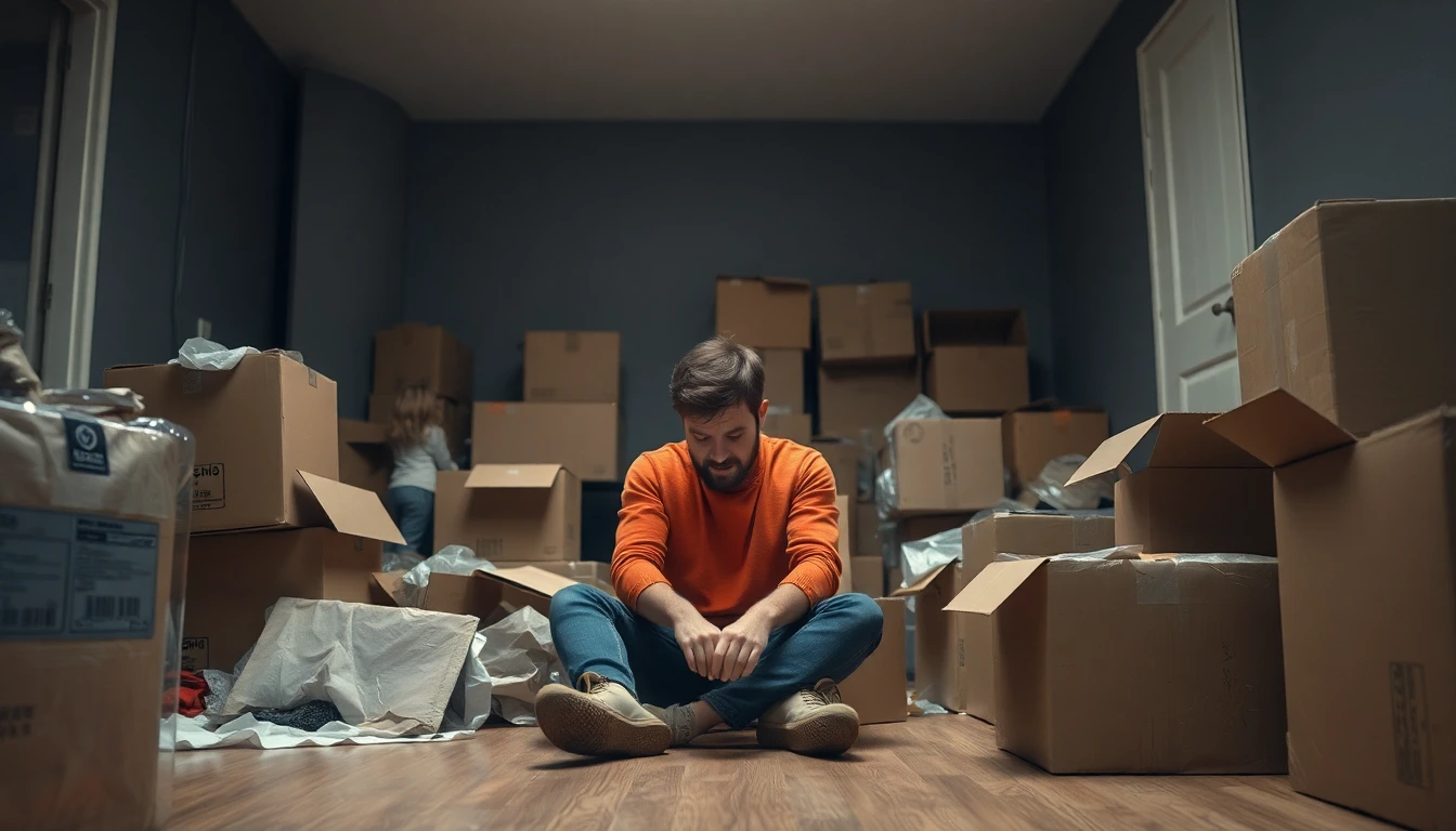 Gestresste Person inmitten von Umzugskartons