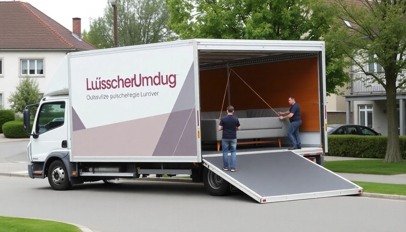 Ein Umzugswagen der Lüscher Umzug AG mit Möbellift im Einsatz in Aarau.