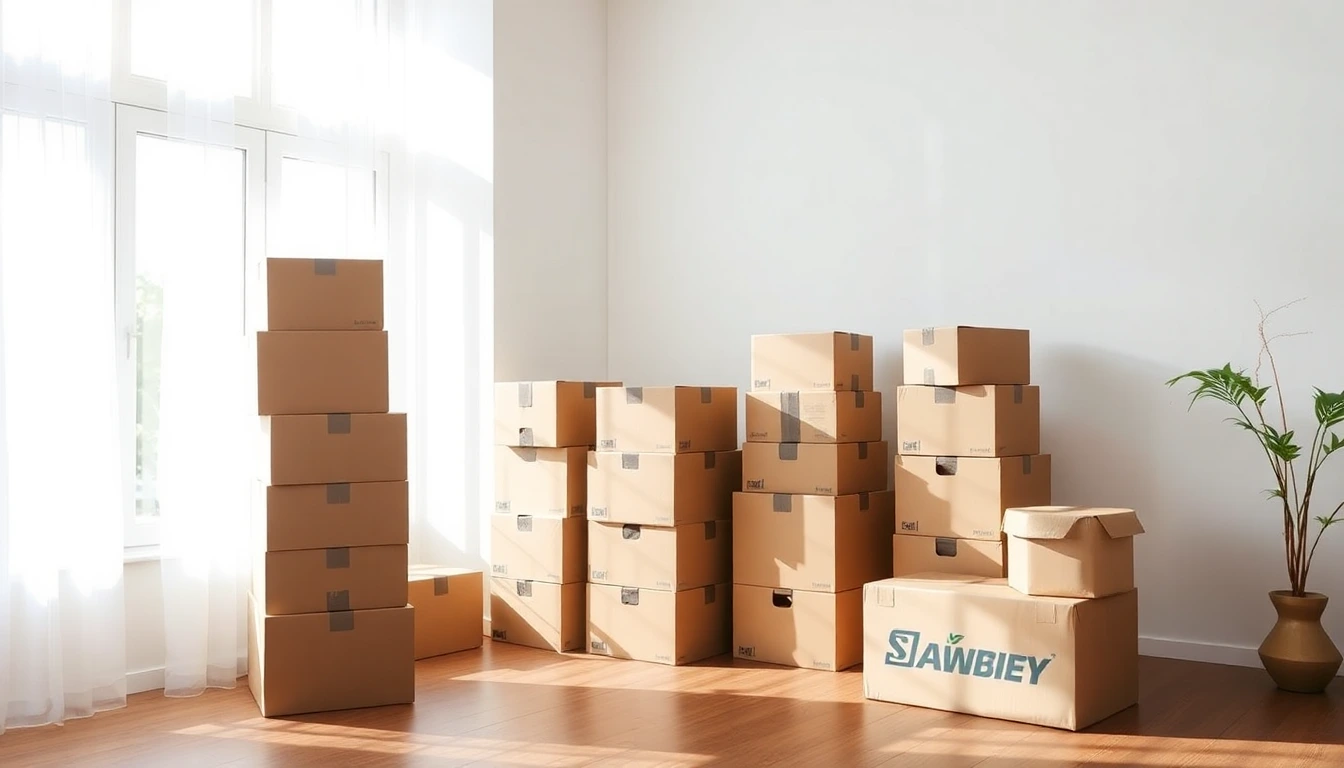 Ordentlich gepackte Umzugskartons in einem hellen Wohnzimmer.