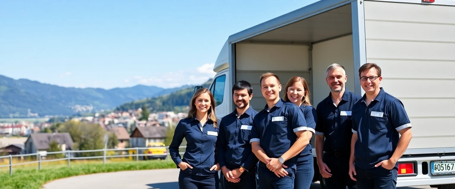 Professionelles Umzugsteam der Lüscher Umzug AG vor einem LKW in Dietlikon