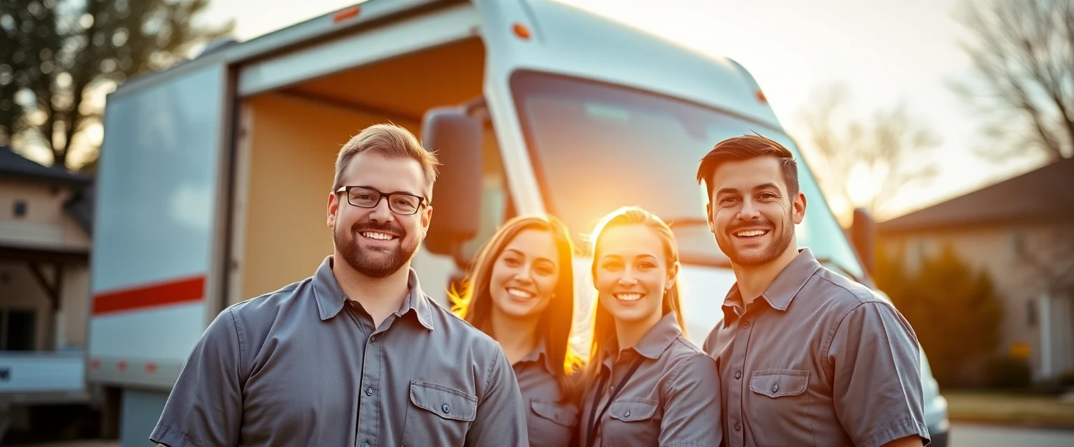 Das freundliche Team der Lüscher Umzug AG vor einem ihrer modernen Zügelwagen.