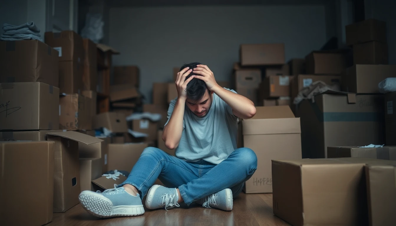 Gestresste Person inmitten von unordentlichen Umzugskartons.