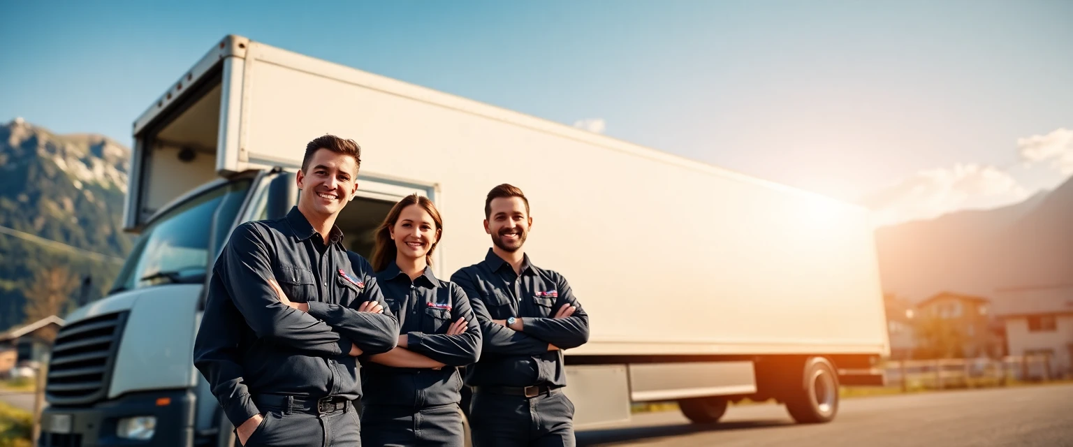 Freundliches Team der Umzugsfirma Lüscher vor einem Zügelwagen in der Schweiz