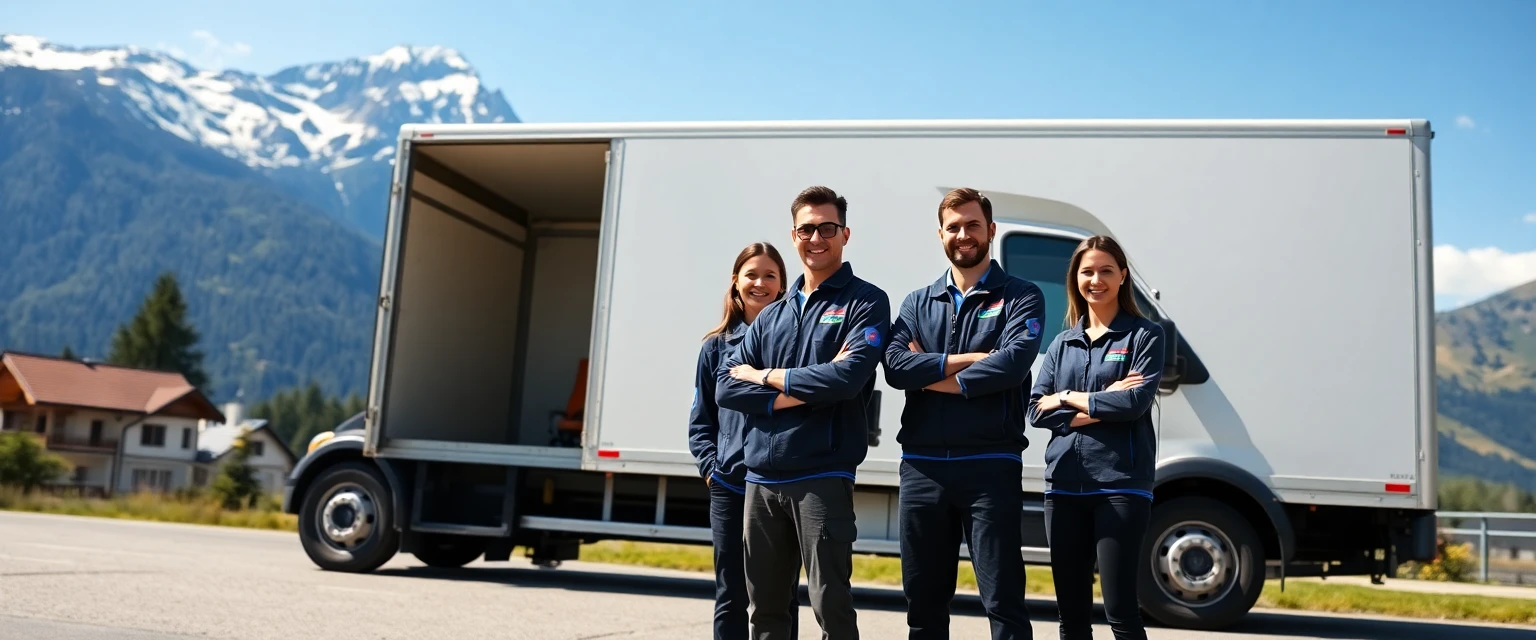 Professionelles Umzugsteam der Lüscher Umzug AG im Aargau vor einem Lastwagen